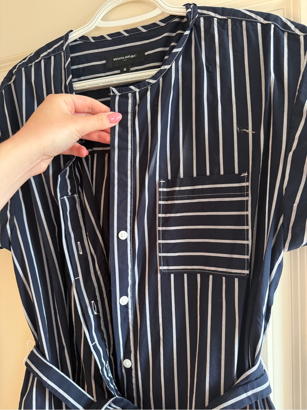 Banana Republic Navy & White Striped Midi Shirt Dress with Waist Tie - Picture 4 of 5